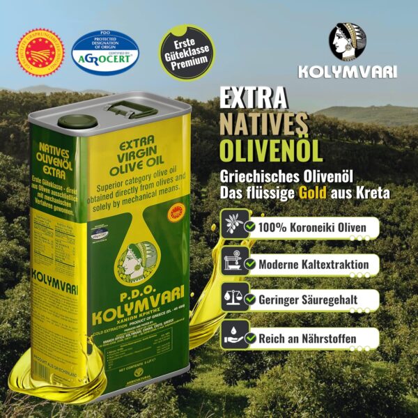 Kolymvari P.D.O. Premium Olivenöl – 5L Kanister – Extra Nativ aus Kreta | 100% Koroneiki Oliven | Kaltextraktion & Handernte | Nährstoffreich und naturrein | Höchste Qualität mit niedrigem Säuregehalt für Gesundheit und Geschmack - Image 3